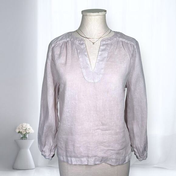 H HALSTON 100% Linen Split Neck Blouse Blush Pink Top Long Sleeve Soft Medium - Picture 1 of 9